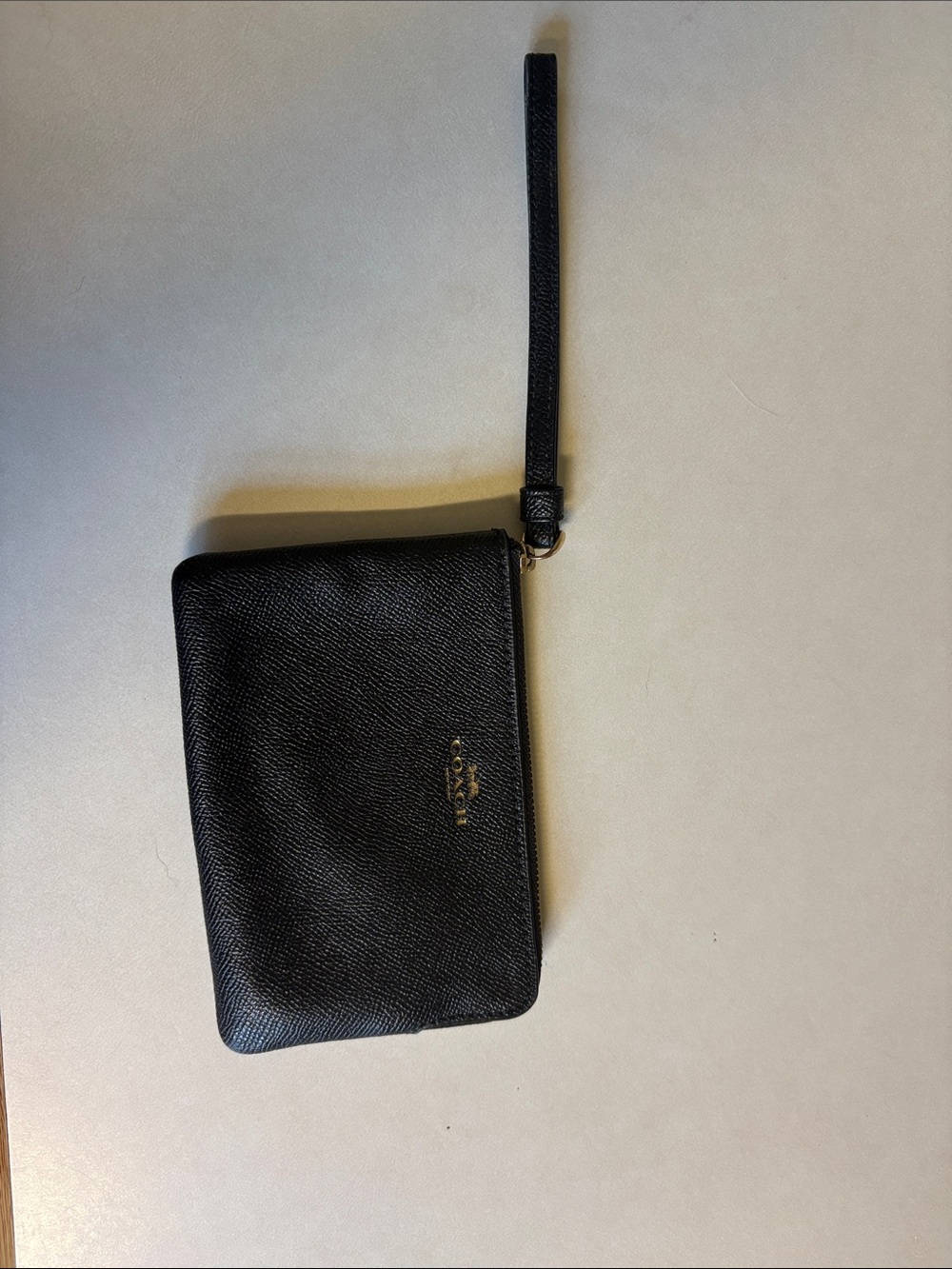 Coach Black Leather Wristlet Clutch with Gold Logo